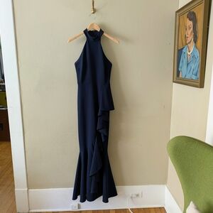 Betsy & Adam Blue Asymmetrical Halter Gown